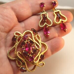 Pink Purple Rhinestone Abstract Squiggly Brooch Pin Set Vintage